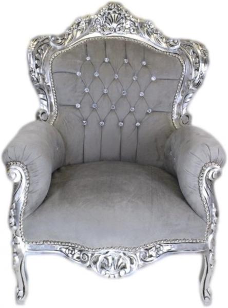 Casa Padrino Barock Sessel King Grau / Silber m. Bling Bling Glitzersteinen