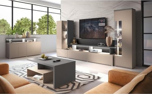 Lomadox Wohnzimmer-Set SELCE-83, (Mega-Spar-Set, 4-St, Vitrine Wohnwand Couchtisch Sideboard), in beige mit anthrazit, modern, 4-teilig