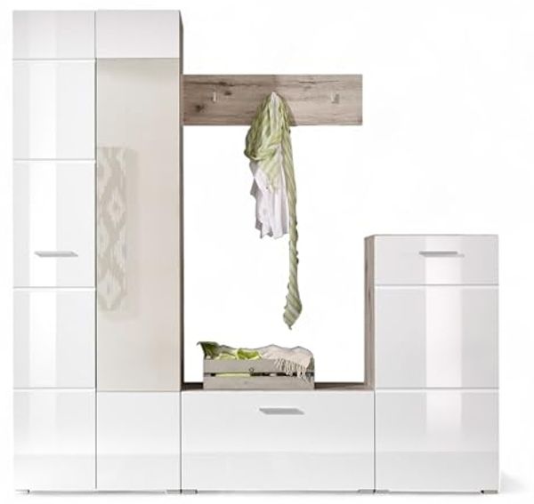 Stella Trading Sixx Flurgarderoben Set in Weiß Hochglanz/Sandeiche Optik - Moderne Kompaktgarderobe 4-teilig für Ihren Eingangsbereich - 195 x 195 x 36 cm (B/H/T)