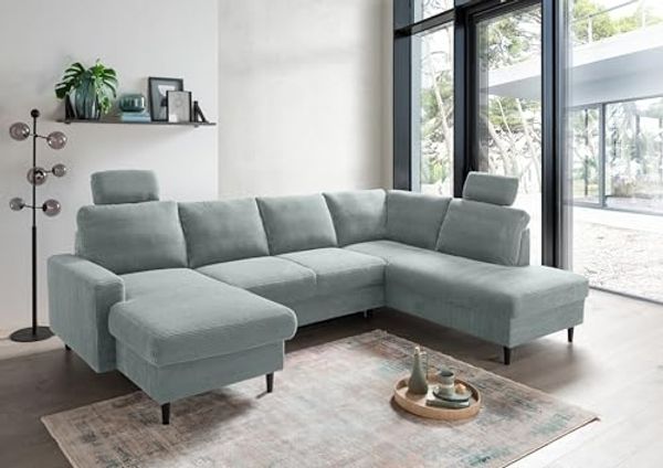 Wohnlandschaft >Pris< U-Form, Funktionen, cord aqua - 153x305x75x200 (LxBxHxT)