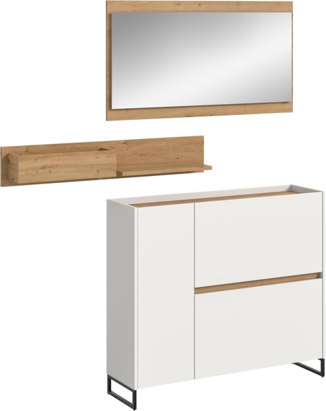 xonox. home – 3 teilige Garderobenkombination Drive 140 x 192 x 32 cm in Weiß und Artisan Oak Nachbildung – Set mit Spiegel, Regal & Schuhkommode – Moderne Garderobe für Diele & Eingangsbereich
