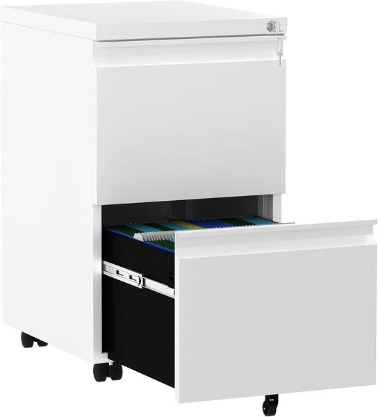 YITAHOME Rollcontainer mit Abschließbar 2 Schubladen, Mobiler Aktenschrank mit Rollen für A4, Legal, Letter, Metall Büroschrank für Home-Office, Hängeregistratur, Schwarz, 51 x 39 x 71 cm