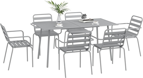Outsunny Garten-Essgruppe Sitzgruppe mit 1 Esstisch, 6 stapelbaren Stühlen, (Gartengarnitur, 7-tlg, Sitzgarnitur), für Balkon, Terrasse, Stahl, Hellgrau