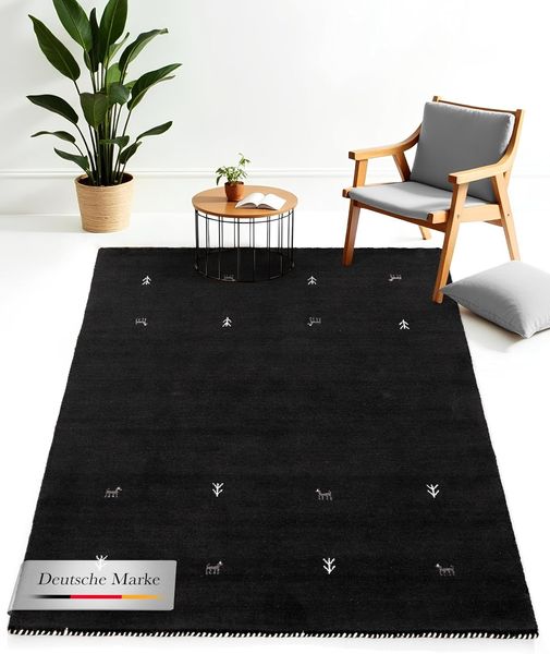 carpetfine 'Gabbeh Uni' Wollteppich, reine Wolle, Schwarz, 80x150 cm
