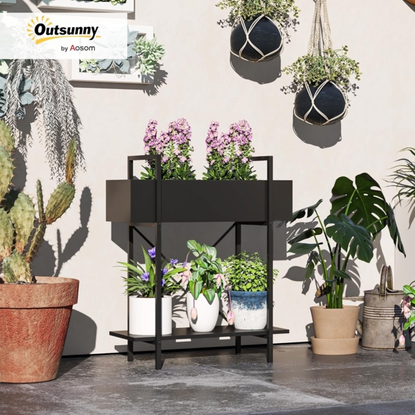 Outsunny Pflanzentreppe für Innen Außen, aus Metall, mehrstöckig, 70 cm hoch (2-Etagen Pflanzenständer, 1 St, Blumenständer), für Wohnzimmer, Garten Balkon Deko, Schwarz Bild 2