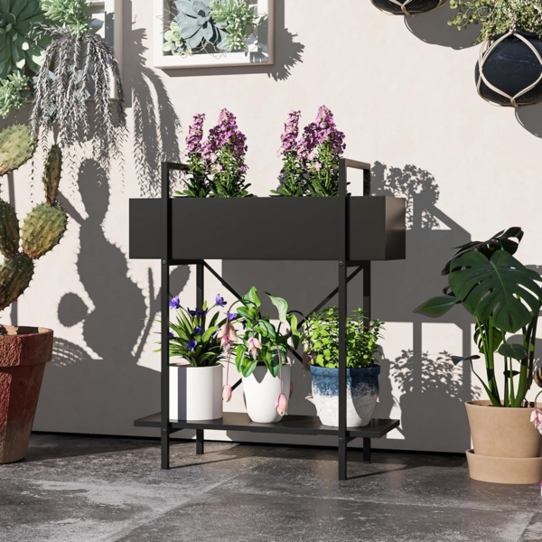 Outsunny Pflanzentreppe für Innen Außen, aus Metall, mehrstöckig, 70 cm hoch (2-Etagen Pflanzenständer, 1 St, Blumenständer), für Wohnzimmer, Garten Balkon Deko, Schwarz Bild 9