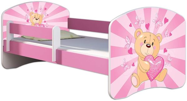 Kinderbett Jugendbett mit einer Schublade und Matratze Rausfallschutz Rosa 70x140 80x160 80x180 ACMA II (10 Teddybär, 80x180 cm)