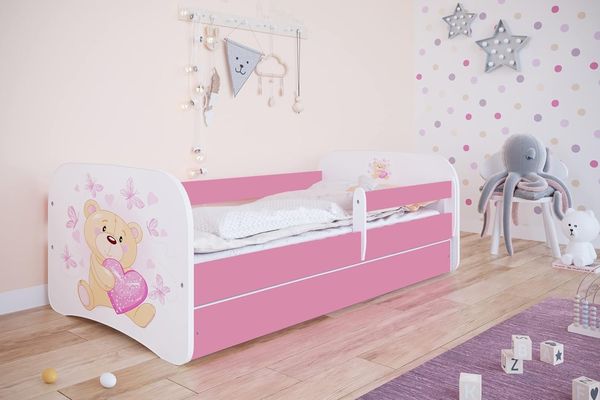 Kocot Kids 'Teddybär mit Schmetterlingen' Einzelbett pink/weiß 80x180 cm inkl. Rausfallschutz, Matratze, Schublade und Lattenrost