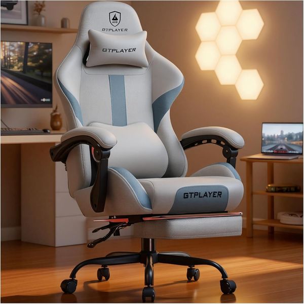 GTPLAYER Gaming-Stuhl Ergonomischer Gaming Sessel Schreibtischstuhl Gamer Stuhl aus Stoff, Federsitzkissen mit Fußstütze
