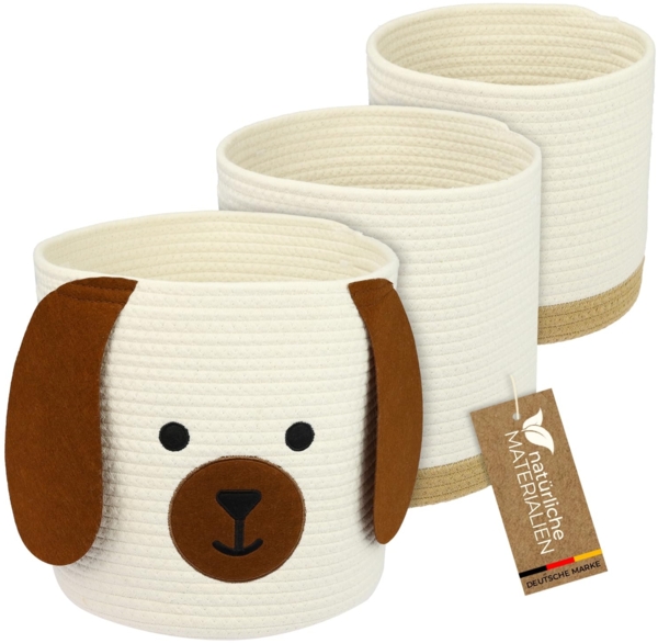 HMF Aufbewahrungskorb Aufbewahrungskorb mit versteckten Griffen (3er, Set), Korb für Kinderzimmer aus Baumwolle, Hund, Groß, Mittel, Klein