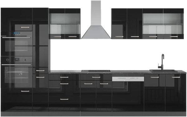 Küchenzeile R-Line Schwarz Hochglanz/Anthrazit 350 cm mit Hochschrank, ohne Arbeitsplatte Vicco