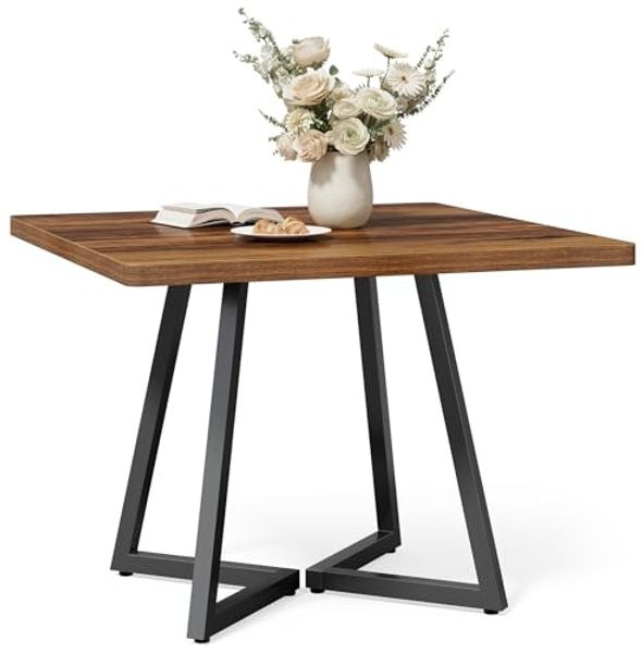 LITTLE TREE Kleiner Esstisch für 4 Personen, quadratischer Esstisch für kleine Räume, Esszimmertische, rustikaler brauner Holz-Küchentisch mit Metallbeinen, moderner Freizeit-Café-Tisch für Wohnung