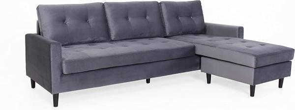 byLIVING Ecksofa ATLANTA / Samt dunkelgrau / Beine schwarz aus Massivholz / Longchair wahlweise rechts oder links montierbar / 218 x 144, H 78,5 cm