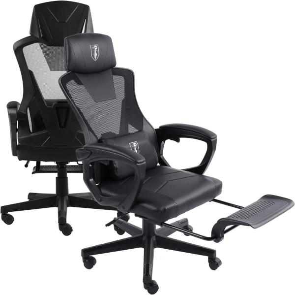Gaming Stuhl im modernen Racing-Design mit einklappbarer Fußstütze - Gaming Chair mit flexiblen Armlehnen - ergonomischer Gaming Schreibtischstuhl mit extra Stützkissen Schwarz Bild 5