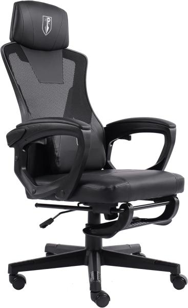 Gaming Stuhl im modernen Racing-Design mit einklappbarer Fußstütze - Gaming Chair mit flexiblen Armlehnen - ergonomischer Gaming Schreibtischstuhl mit extra Stützkissen Schwarz Bild 3