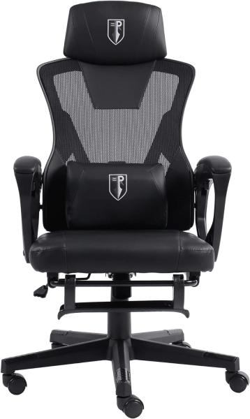 Gaming Stuhl im modernen Racing-Design mit einklappbarer Fußstütze - Gaming Chair mit flexiblen Armlehnen - ergonomischer Gaming Schreibtischstuhl mit extra Stützkissen Schwarz Bild 4
