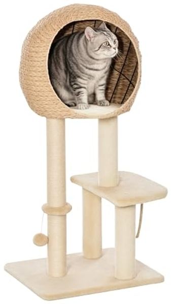 PawHut Kratzbaum Kätzchen Möbel mit Katzenhöhle Ballspielzeug, Sisal weiche Plüsch Höhe 100 cm Beige