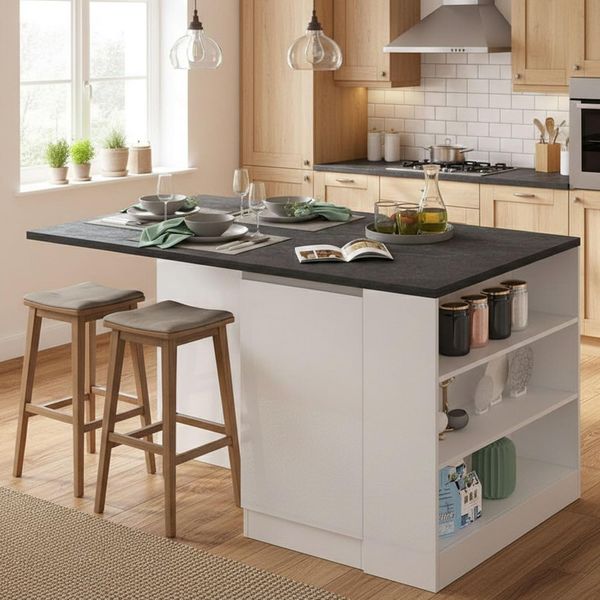 Dmora - Kücheninsel Osvaldo, Mehrzweckschrank, Küchenzeile Schrank, Zusätzlicher Tisch, 100% Made in Italy, 160 x 90 x 90 cm, glänzendes Weiß und Schiefer