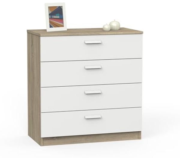 Muebles Pitarch | Kommode 4 Schubladen mit Metallführungen, Schlafzimmerkommode, Weiß und Cambrian Eiche, 78 x 74 x 40 cm (Höhe x Breite x Tiefe), Kollektion Tibet