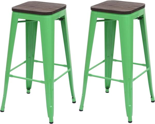 2er-Set Barhocker HWC-A73 inkl. Holz-Sitzfläche, Barstuhl Tresenhocker, Metall Industriedesign stapelbar ~ grün