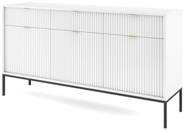Selsey Vellore Sideboard Kommode 3-türig mit 3 Schubladen, Weiß mit geriffelten Fronten, 154 cm