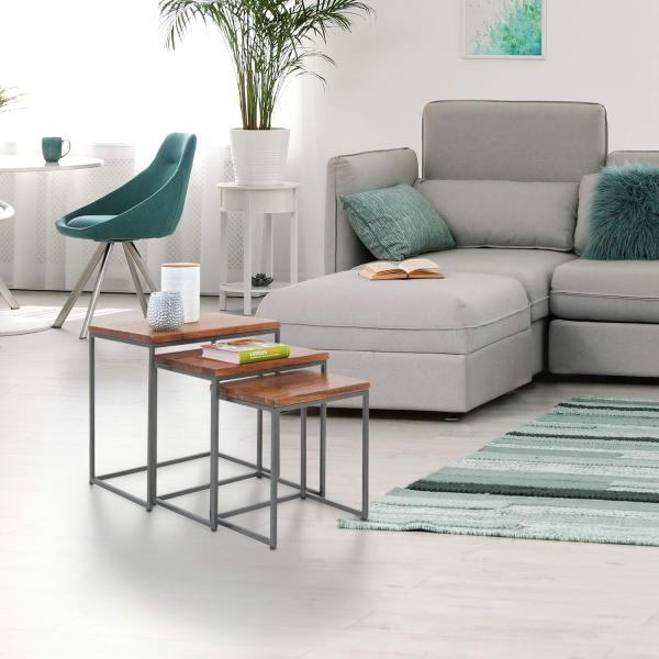 Beistelltisch 3er Set Natur aus Akazienholz und Metall WOMO-Design