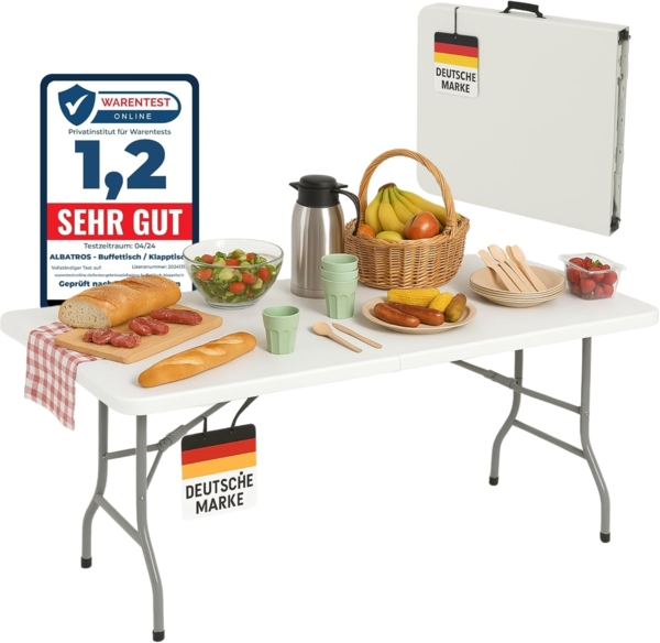 Albatros Buffettisch Klapptisch weiß – robuste Konstruktion klappbar und hohe Tragkraft –für bis zu 10 Personen – für Bierzelt mit Tragegriff