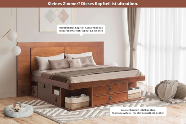 Funktionsbett Bali 180x200 Karamell - Schrankbett mit viel Stauraum und Schubladen, optimal für kleine Schlafzimmer - Bett mit Aufbewahrung aus Kiefer Massivholz – Schubladenbett inkl. Lattenrost… Bild 4