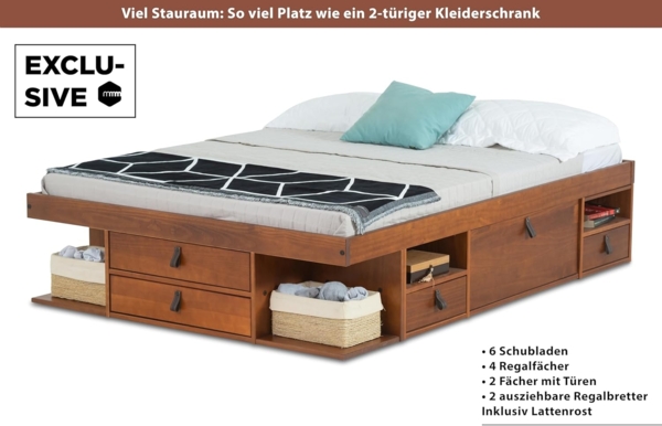Funktionsbett Bali 180x200 Karamell - Schrankbett mit viel Stauraum und Schubladen, optimal für kleine Schlafzimmer - Bett mit Aufbewahrung aus Kiefer Massivholz – Schubladenbett inkl. Lattenrost… Bild 5