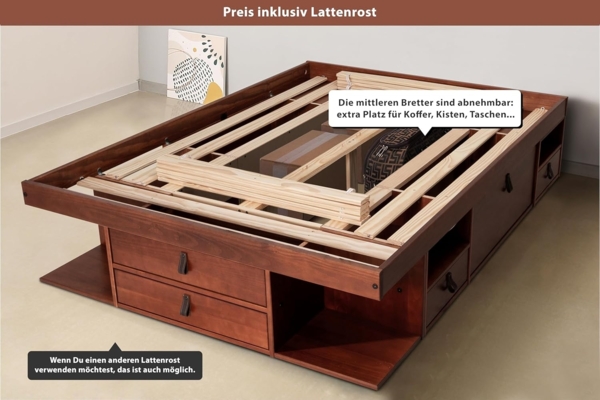 Funktionsbett Bali 180x200 Karamell - Schrankbett mit viel Stauraum und Schubladen, optimal für kleine Schlafzimmer - Bett mit Aufbewahrung aus Kiefer Massivholz – Schubladenbett inkl. Lattenrost… Bild 2