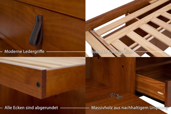 Funktionsbett Bali 180x200 Karamell - Schrankbett mit viel Stauraum und Schubladen, optimal für kleine Schlafzimmer - Bett mit Aufbewahrung aus Kiefer Massivholz – Schubladenbett inkl. Lattenrost… Bild 7