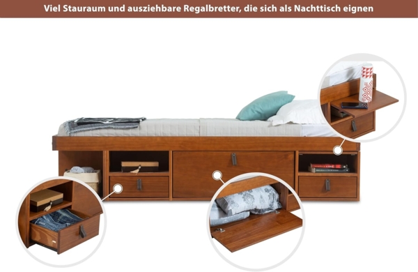 Funktionsbett Bali 180x200 Karamell - Schrankbett mit viel Stauraum und Schubladen, optimal für kleine Schlafzimmer - Bett mit Aufbewahrung aus Kiefer Massivholz – Schubladenbett inkl. Lattenrost… Bild 6