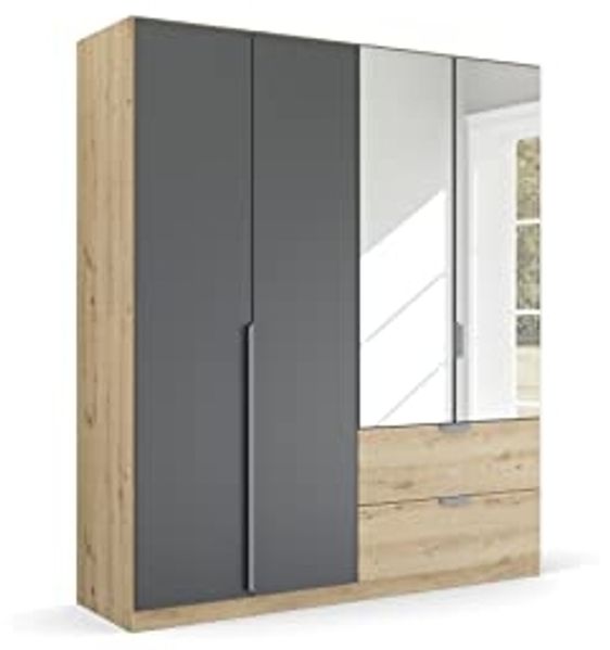 Kleiderschrank Drehtürenschrank Dark&Wood | 4-türig | mit Spiegeltüren & Schubkästen | grau metallic / Eiche Artisan | 181x210