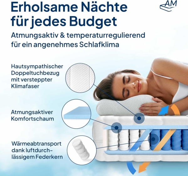 AM Qualitätsmatratzen Orthopädische 7-Zonen Taschenfederkernmatratze 90x210 cm - H2 Matratze - Made in Germany Bild 5