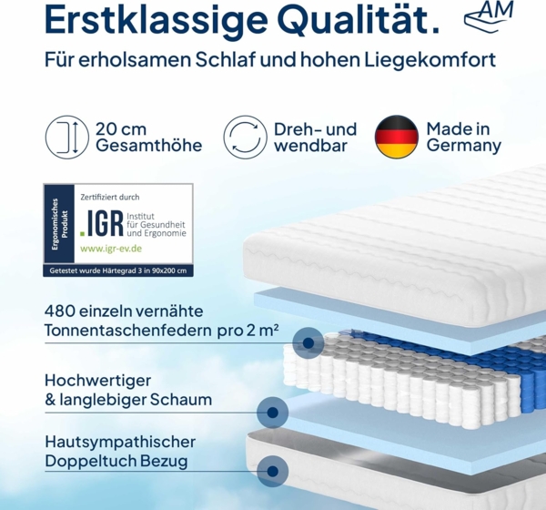 AM Qualitätsmatratzen Orthopädische 7-Zonen Taschenfederkernmatratze 90x210 cm - H2 Matratze - Made in Germany Bild 4