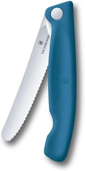 Victorinox Swiss Classic Faltbares Picknick-Messer für Wanderungen, Obst, Gemüse, Brötchen, Wurst, mit Wellenschliff, Extra Scharf, Blau