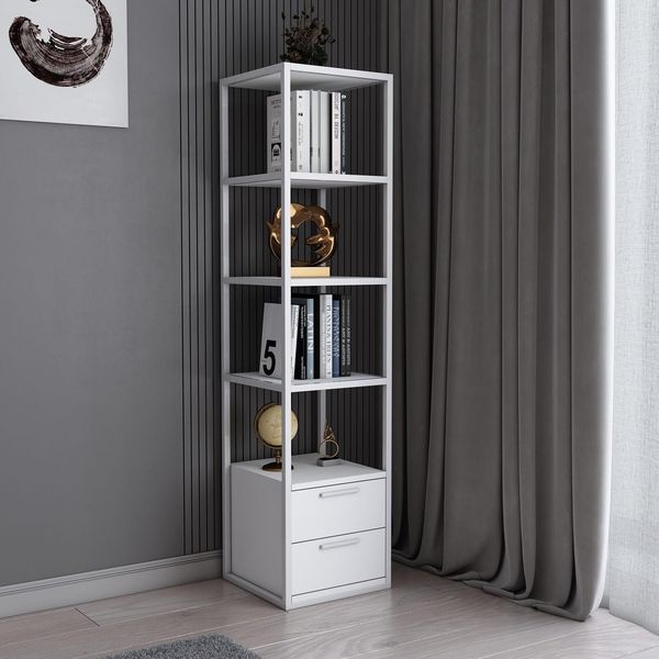 Modern White Bookshelf, 160 cm Height, 39 cm Width, 39 cm Depth | 100% Melamine Coated Particle Board & Metal Frame | Stylish Storage for Home & Office