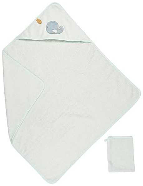 Nattou Kapuzenbadetuch und Waschhandschuh aus Baumwolle und Polyester, Wal Sally, Ca. 75x75 cm, Baumwolle, Romeo, Jules und Sally, Hellblau