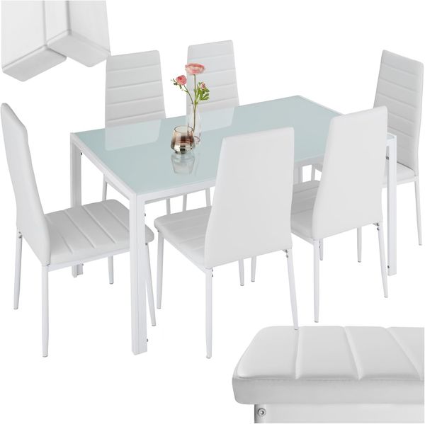 TecTake 800551 Esszimmergruppe mit Esstisch und 6 Essstühlen, strapazierfähiges Kunstleder, robuste Tischplatte aus Sicherheitsglas (Weiß-Weiß | Nr. 404382)
