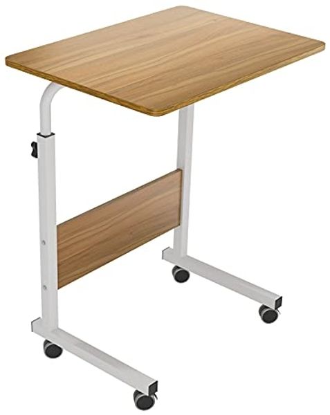 DlandHome Laptoptisch Höhenverstellbar mit Rollen 60 cm Betttisch Beistelltisch pflegetisch auf Rollen Computertische Mobiler Schreibtisch Laptop Ständer Tisch für krankenbett Büro Schlafzimmer Eiche