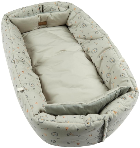 Sterntaler Babynest Giraffe & Löwe – Weiches Kuschelnest aus Baumwoll-Mischgewebe – Beidseitig nutzbar & wandelbar zur Krabbeldecke – Mit Schlaufen für Spielzeug – Baby und Kleinkind Spielzeug, Ocker