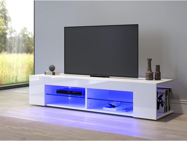 SONNI TV Schrank TV Lowboard LED Weiss,12-LED-Farben,Glasböden,Fehrnser Tisch 135 cm breit