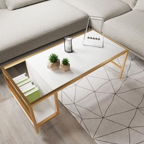 Hanah Home Elegant Coffee Table, White & Gold, 110 x 60 x 50 cm | 100% Melamine Coated Particle Board, 18 mm Thick | Durable Electrostatic Powder Coated Metal Legs