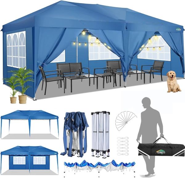 COBIZI Faltpavillon wasserdicht, Pop Up Zelt Pavillon 3x6 m mit 6 Seitenteilen mit UV-Schutz, Faltbarer Pavillion Zelt 3x6 für Markt, Freien Event, Garten, Blau