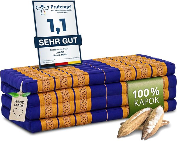 Nachhaltige Klappmatratze aus Kapok, breite Gästematratze vierteilig, Faltbare Matratze, ökologische Yogamatte, klappbares Gästebett, Liege für Garten und Balkon 200 x 110 x 8 cm (Blau/Gelb)