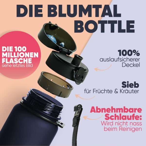 Blumtal Trinkflasche auslaufsichere Trinkflasche Sport + 1-Klick-Verschluss, BPA-freie Wasserflasche mit Sieb - spülmaschinenfest Bild 2
