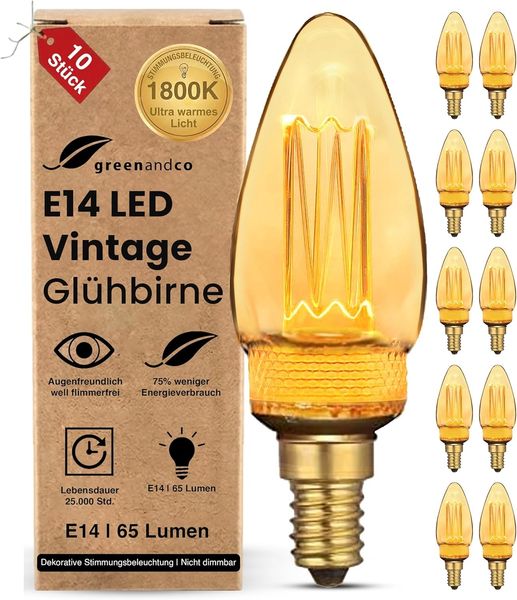 greenandco 10x LED Vintage Glühbirne zur Stimmungsbeleuchtung | E14 C35 | gold | 2W 65lm | 1800K extra warmweiß | 320° | 230V | flimmerfrei | nicht dimmbar | Edison Glühbirne