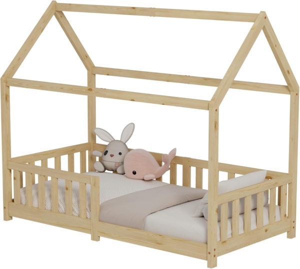 ecomi® Kinderbett Hausbett mit Rausfallschutz und Lattenrost, Hausbett - Kinderbett 90x200 / 80x160 in Weiß/Natur für Kinder - Kinderbett Hausbett 90x200 / 80x160 Weiß/Natur (Natur, 80x160)