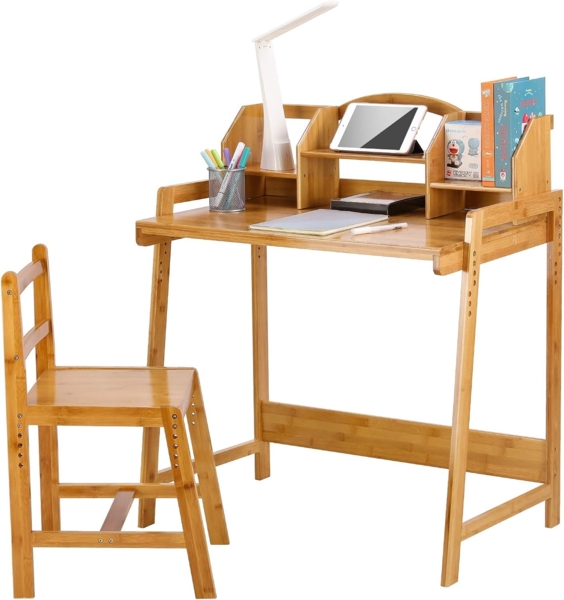 Clevich Kinder Schreibtisch Höhenverstellbar, Kinderschreibtisch mit Stuhl, Bambus Holz Schreibtisch mit Stauraum, Schülerschreibtisch mit Buchhalterung, Kinderschreibtisch für Kinderzimmer, Gelb