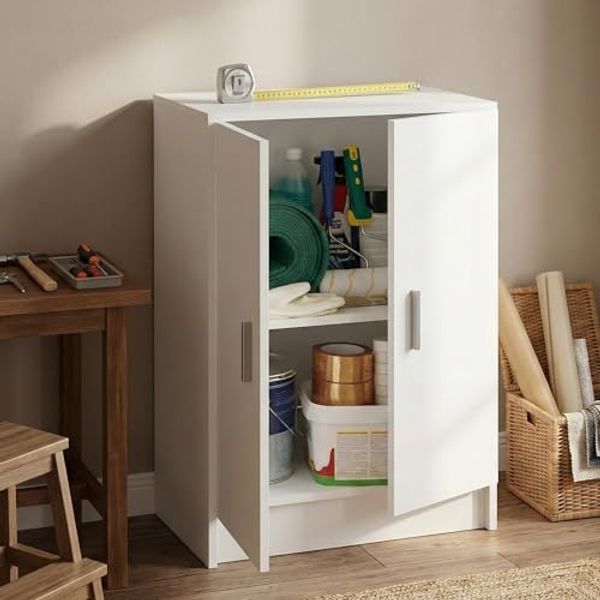 Dmora - 2-türiger Mehrzweckschrank Memphis, Niedriger Zusatzschrank, Schuhregal mit 1 Regal, Multifunktionsschrank, 59x37h80 cm, Weiß